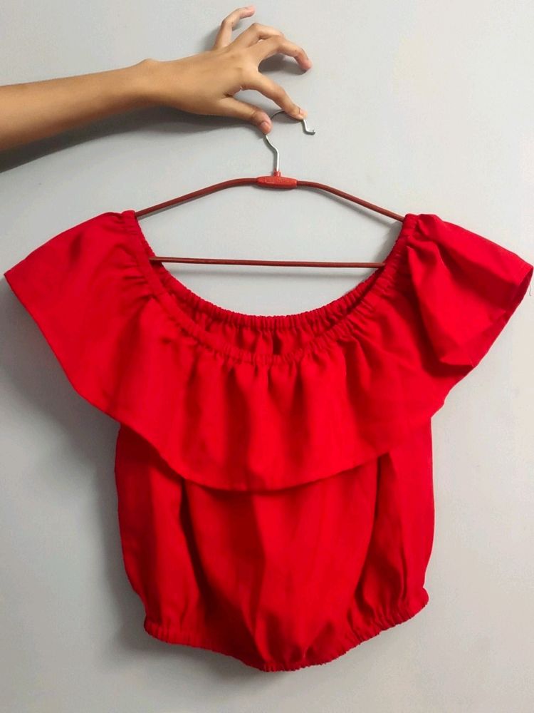 Red Solid Crop Bardot Top