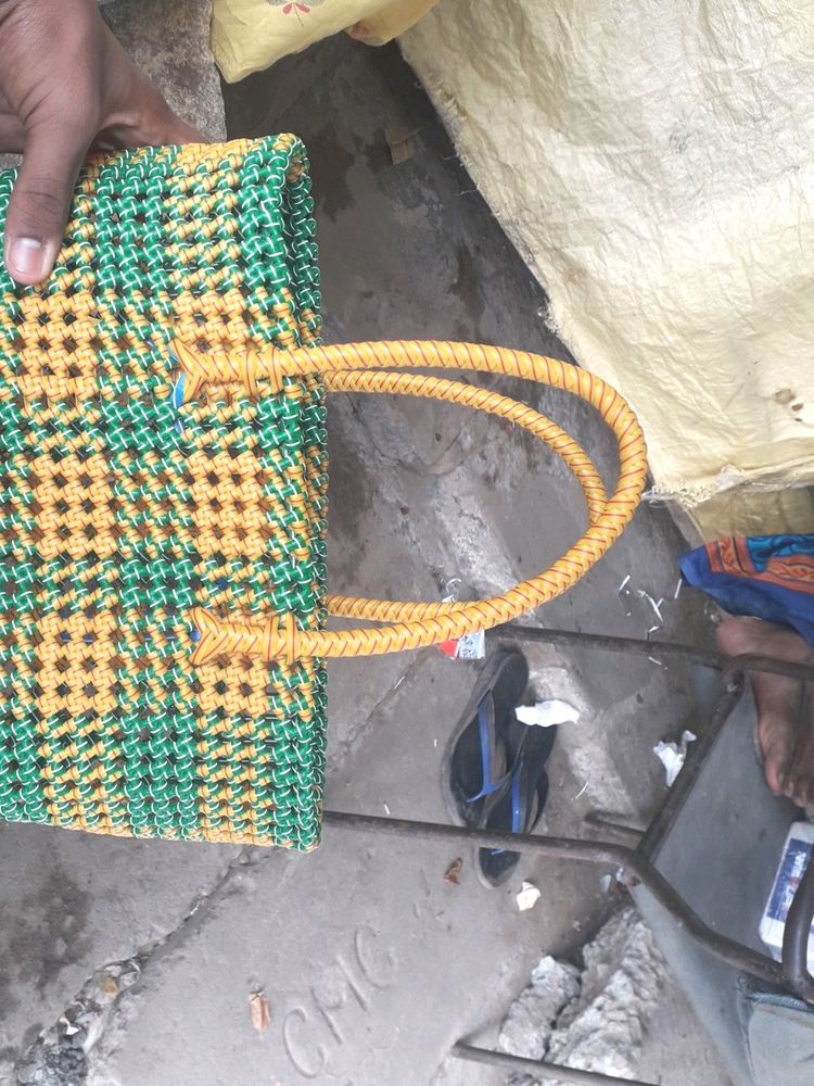 Hand Made Yellow With Green Striped Wire Bag