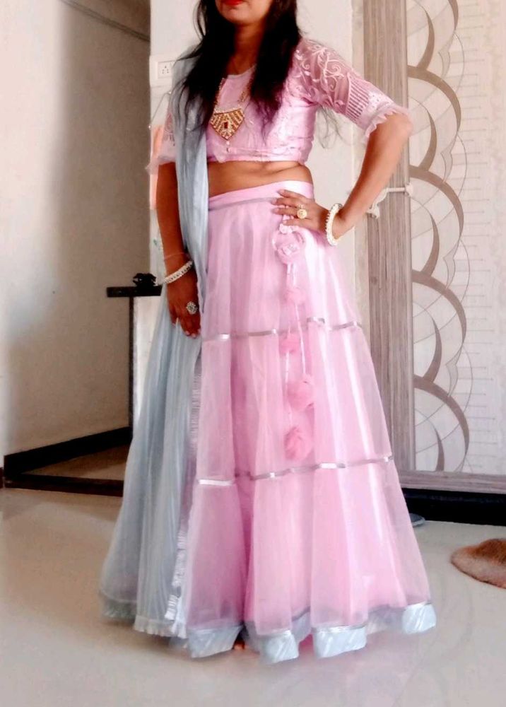 Pink And Grey Net  Lehanga Choli