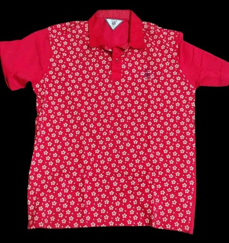 Printed Red T-shirt with Polo Neck