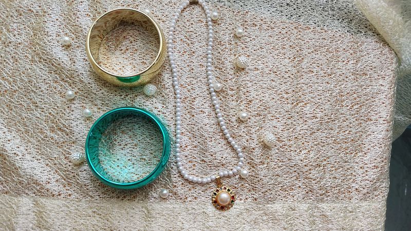 Partywear Pearl Set +Gold N Teal Color Bangles