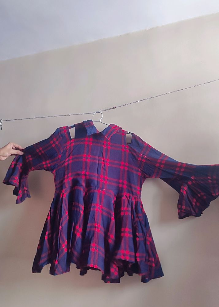 Checks Ruffle Top With CutOut Sleeves