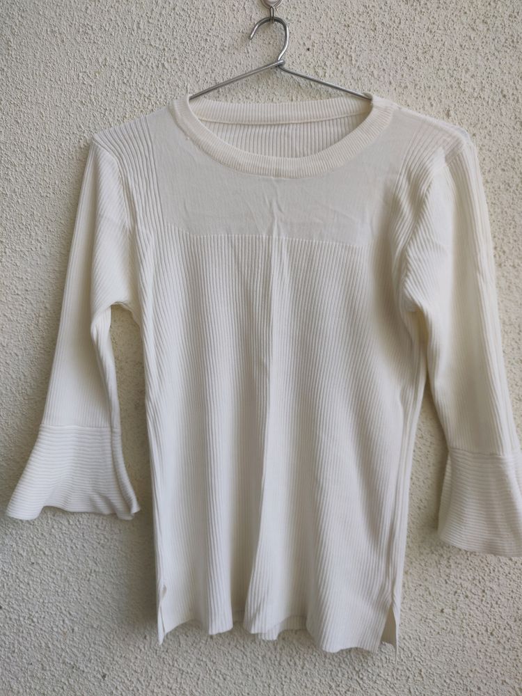 White Ribbed Top With Bell Sleeves