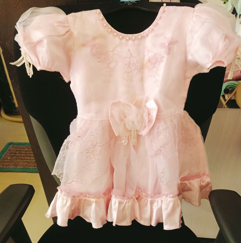 Baby Pink Frock With Moti Work