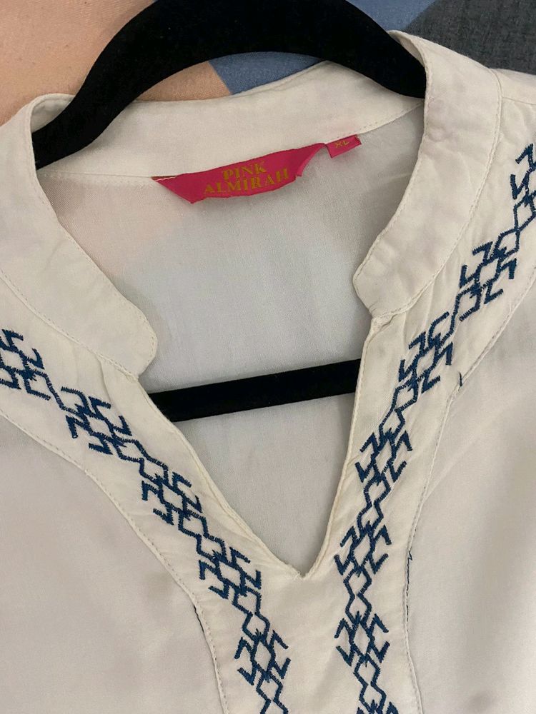 white kurta blue embroidery