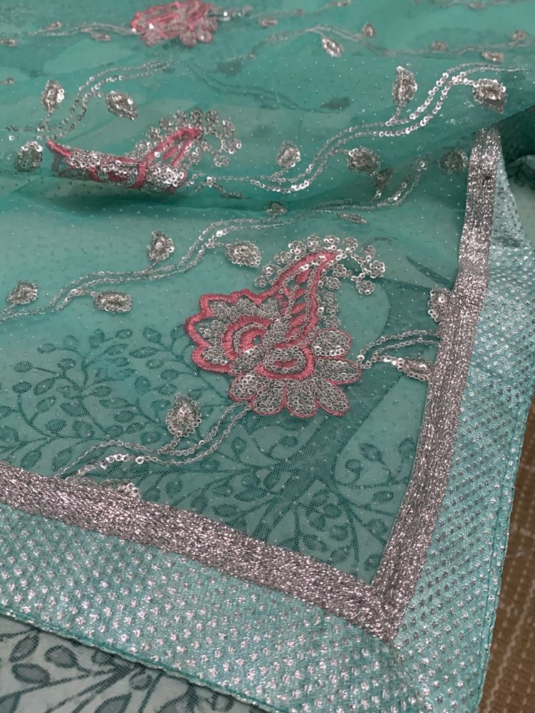 Light Sea Green Pink-embroidery Sari