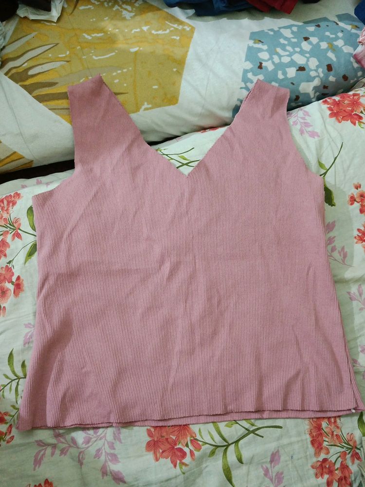 Dusty Pink V Neck Ribbed Top