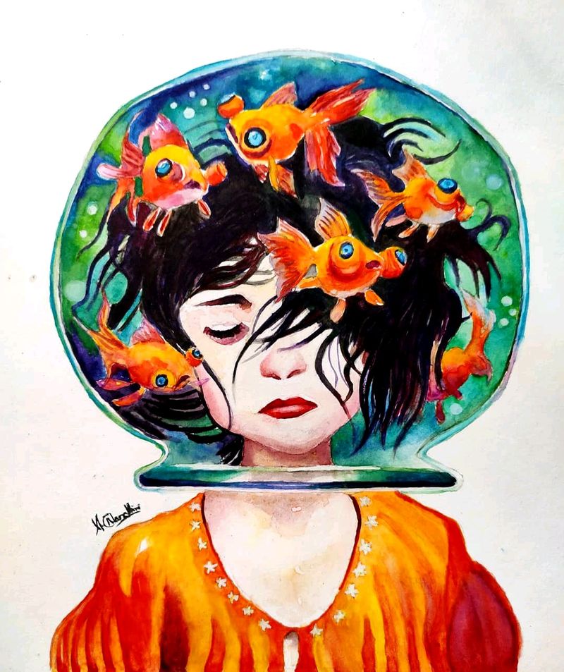 Abstract Painting - Girl Head In Fish Tank