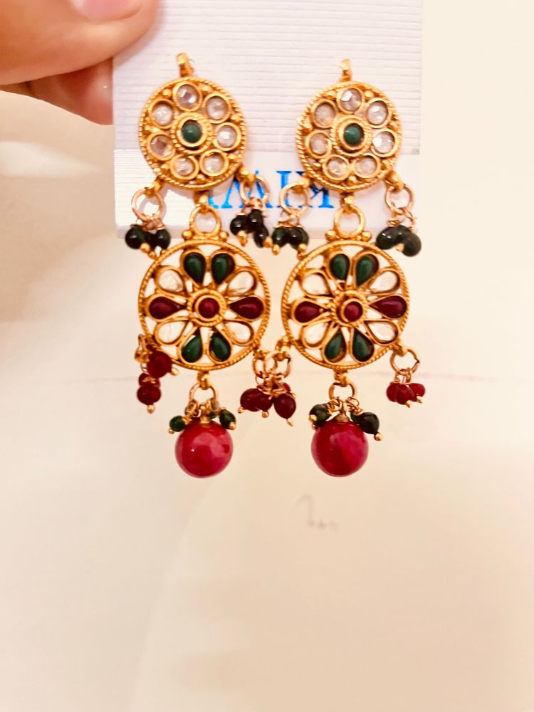 Best Quality Kundan On brass earrings, maroon, green and white colour, combo Jaipuri style earrings