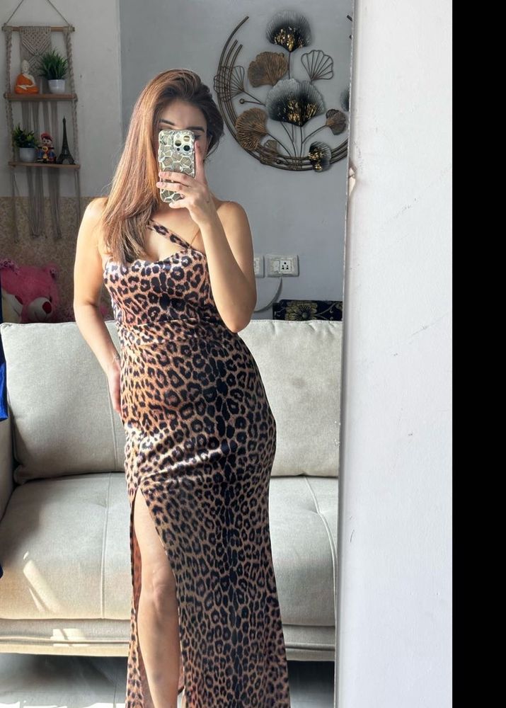 Leoprint Print Side Slit Bodycon Maxi Dress