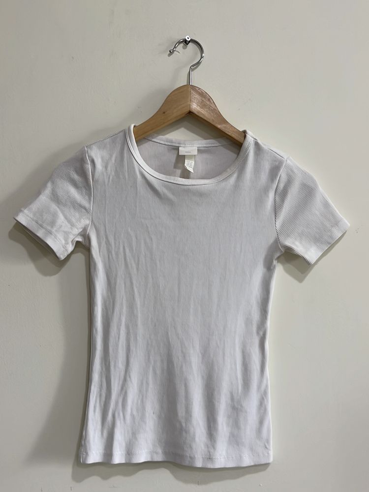 H&M XS White Crewneck Rib-knit T-shirt