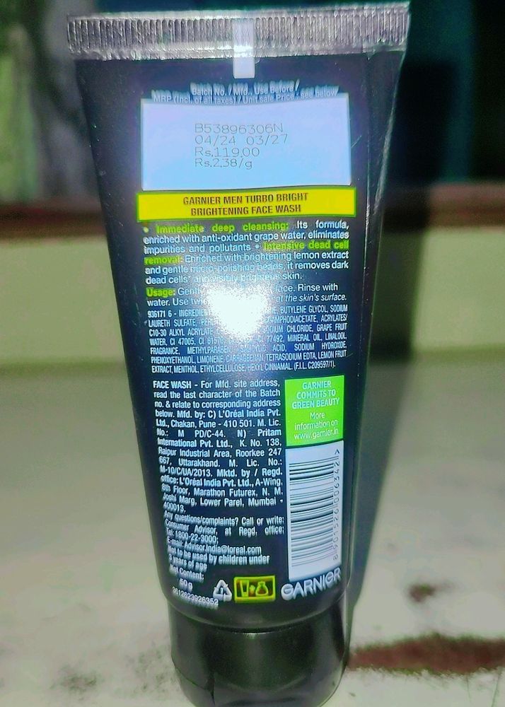 Garnier Men Turbo Bright Face Wash 2in1