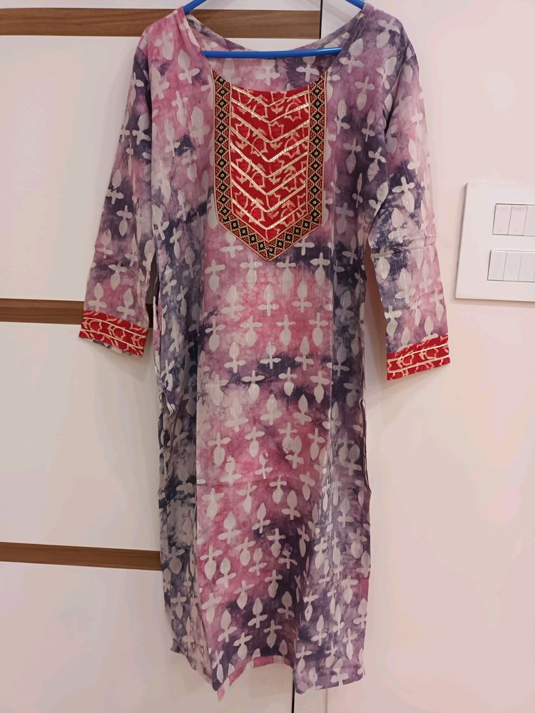 Purple And Pink Tie N Dye CHANDERI Batik Kurti Size 40 With Pocket