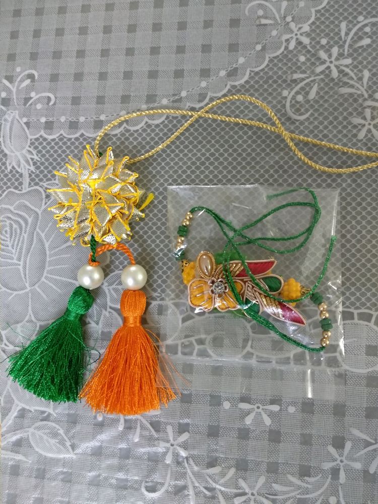 Saffron White Green Coloured Rakhi for Bhai Bhabhi