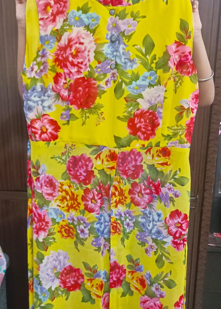 Yellow Floral Long Front Slit Cut Maxi Dress