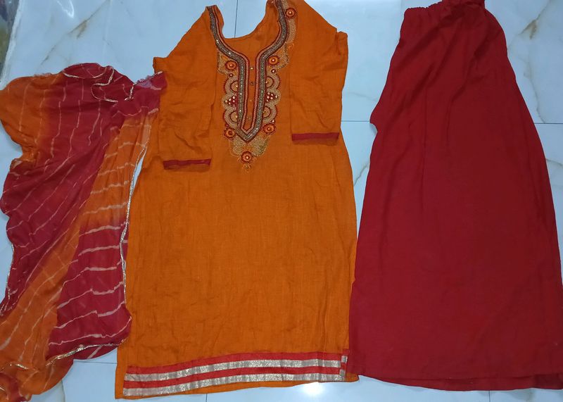 Red Plazzo Kurta With Lehariya Chunri Dupatta