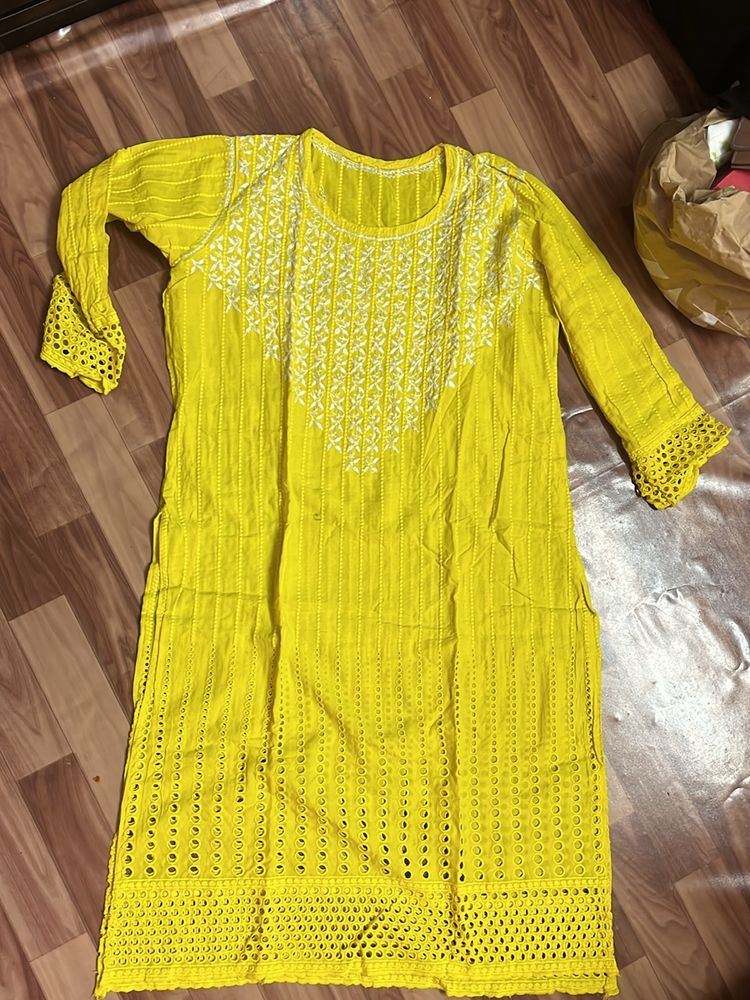 Net With Chickankari Work Kurti