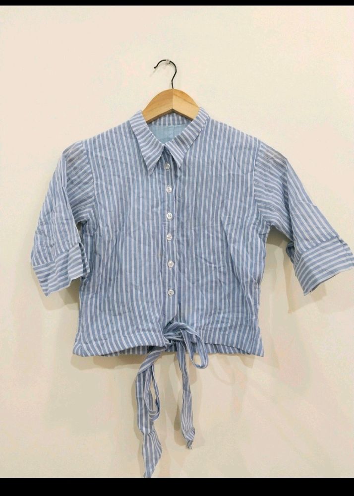 Blue White Striped Shirt Style Cotton Crop Top M