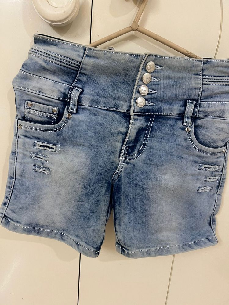 Blue Denim High-waist Shorts