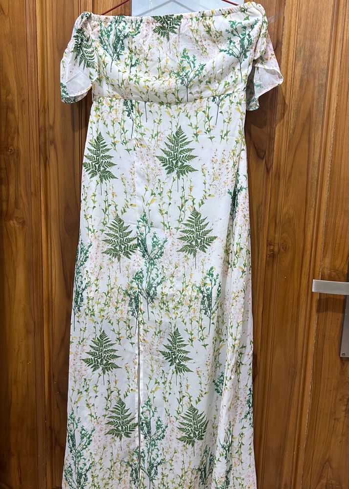 Off-white And Green Floral Printed Maxi Dress