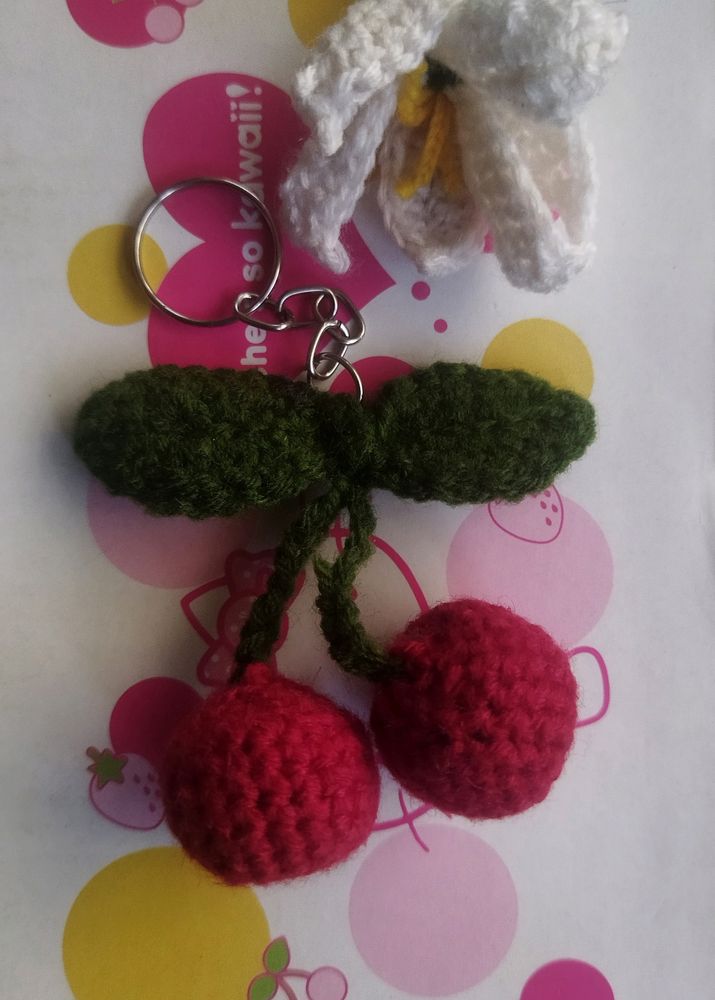 Crochet cherry plushie keychain