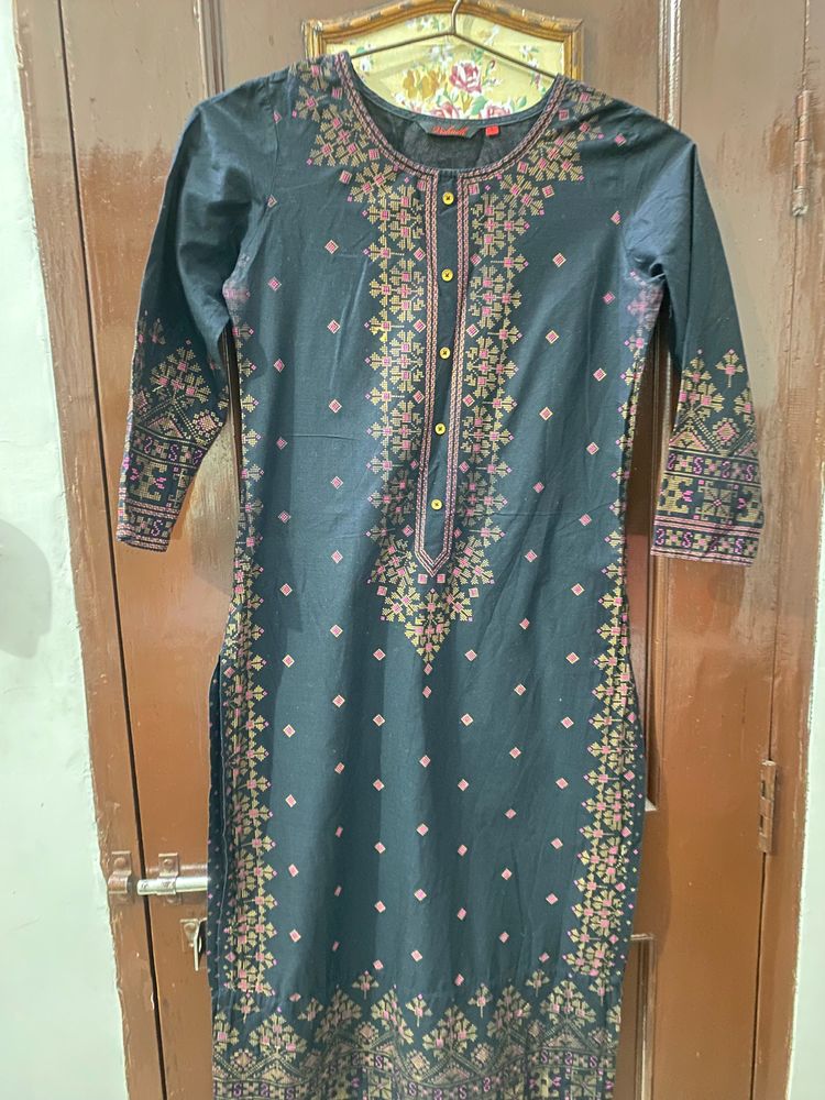 Printed Black Straight Kurta