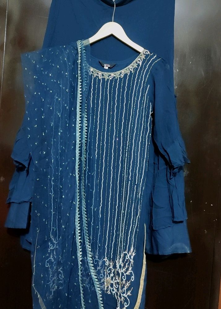 Sea Blue Sharara Suit With Dupatta Bust 34