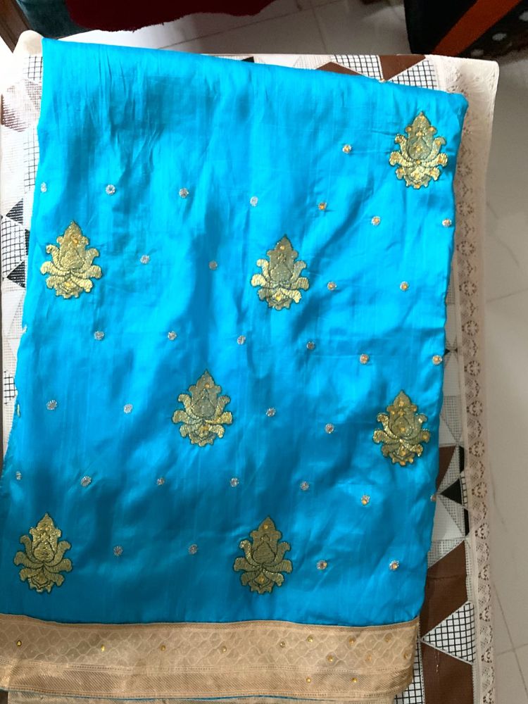 Cyan Blue  Zari Embroidery Saree  With Stone Work