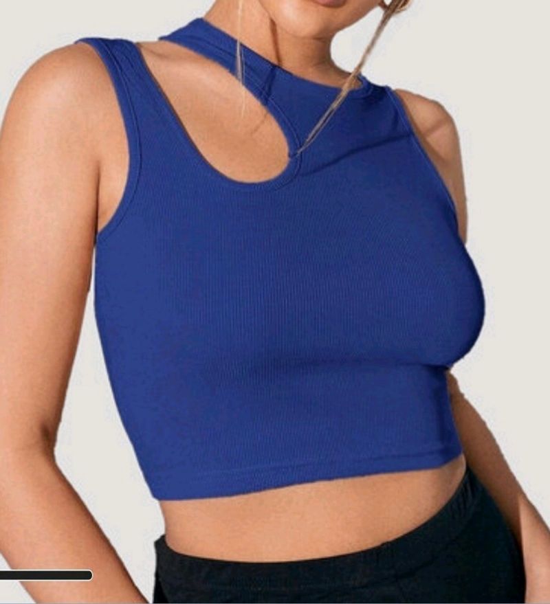 Shoulder Cut Dark Blue Crop Top