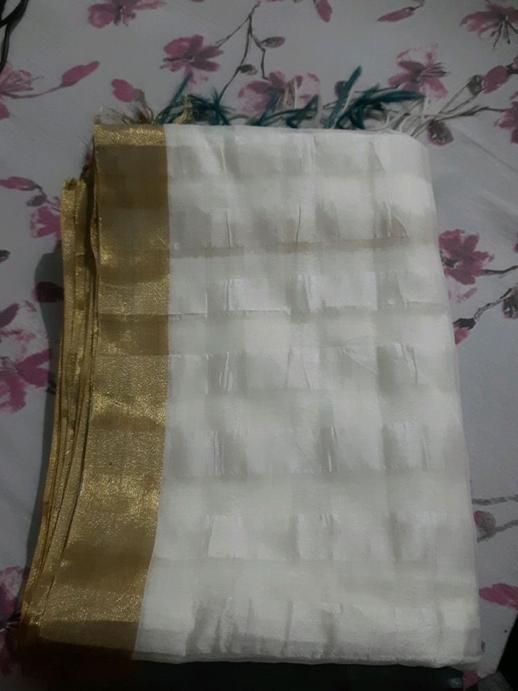 Sea Green Off White Golden Jori Border Saree