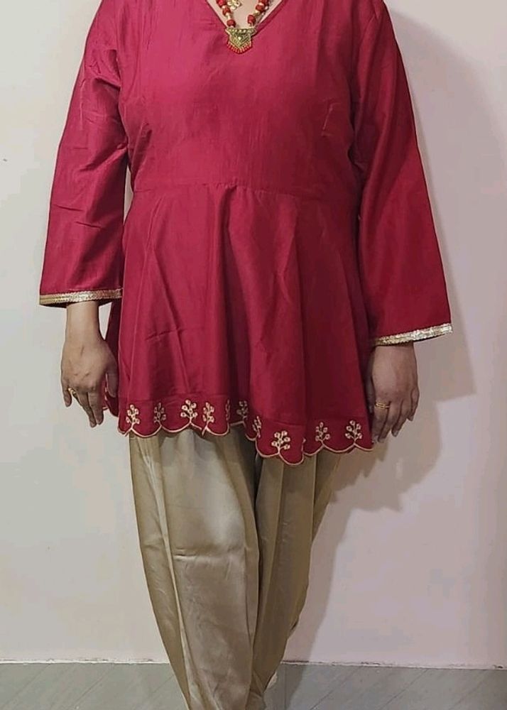 Red Peplum Top With Gold Dhoti Pants N Black Kurti