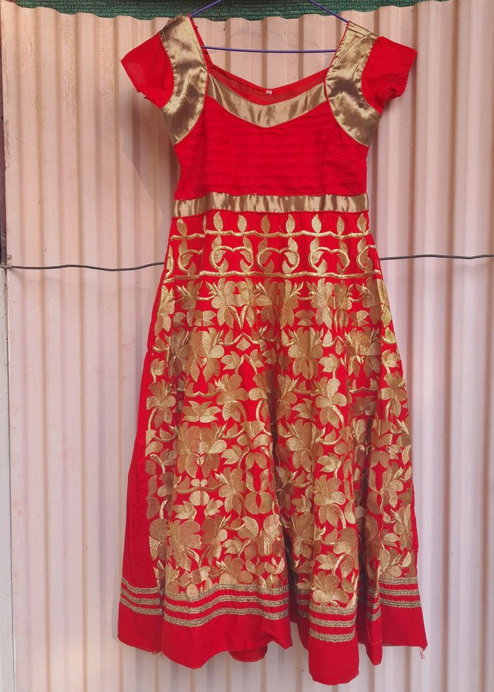 Red And Golden Anarkali With Embroidery