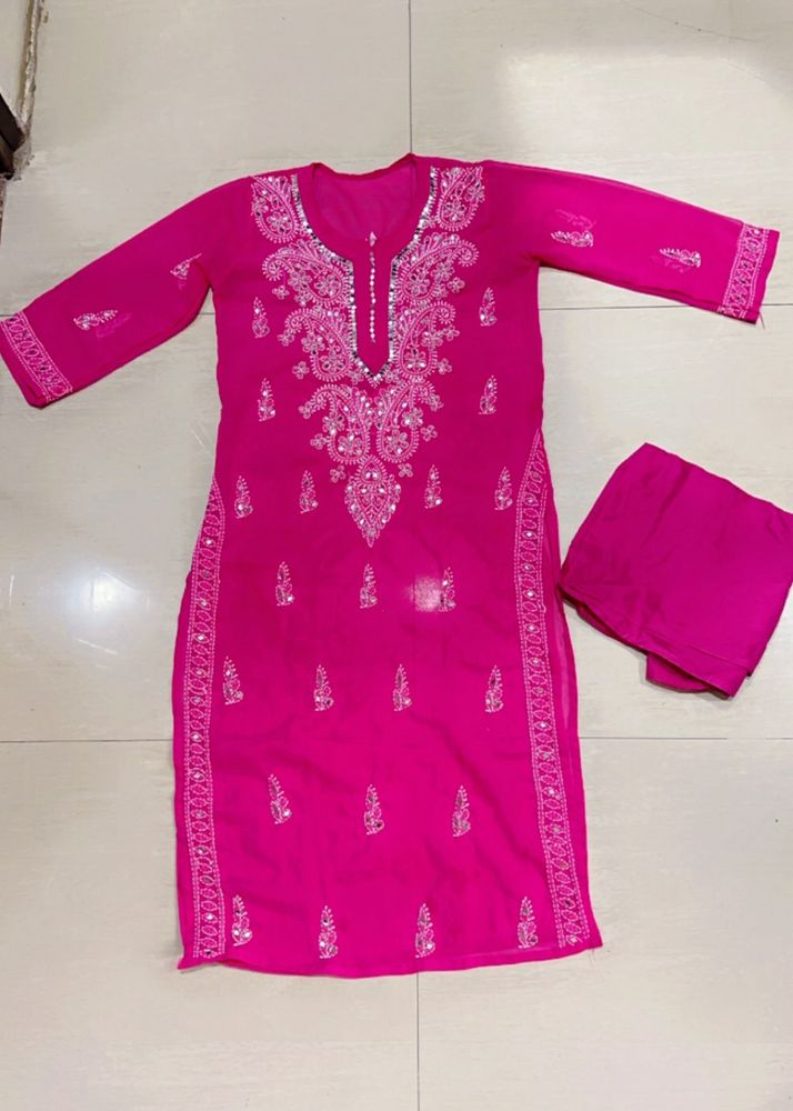 Pink Chickenkari Mirror Work Kurta