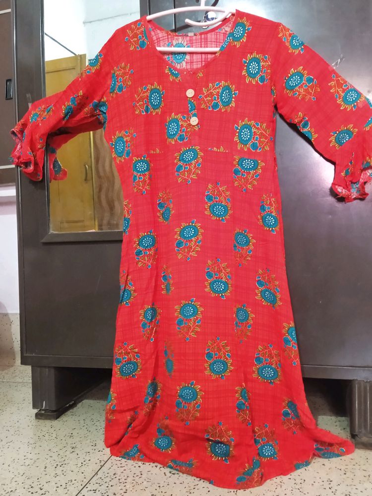 Red Flower Printed Dailywear Anarkali Kurta