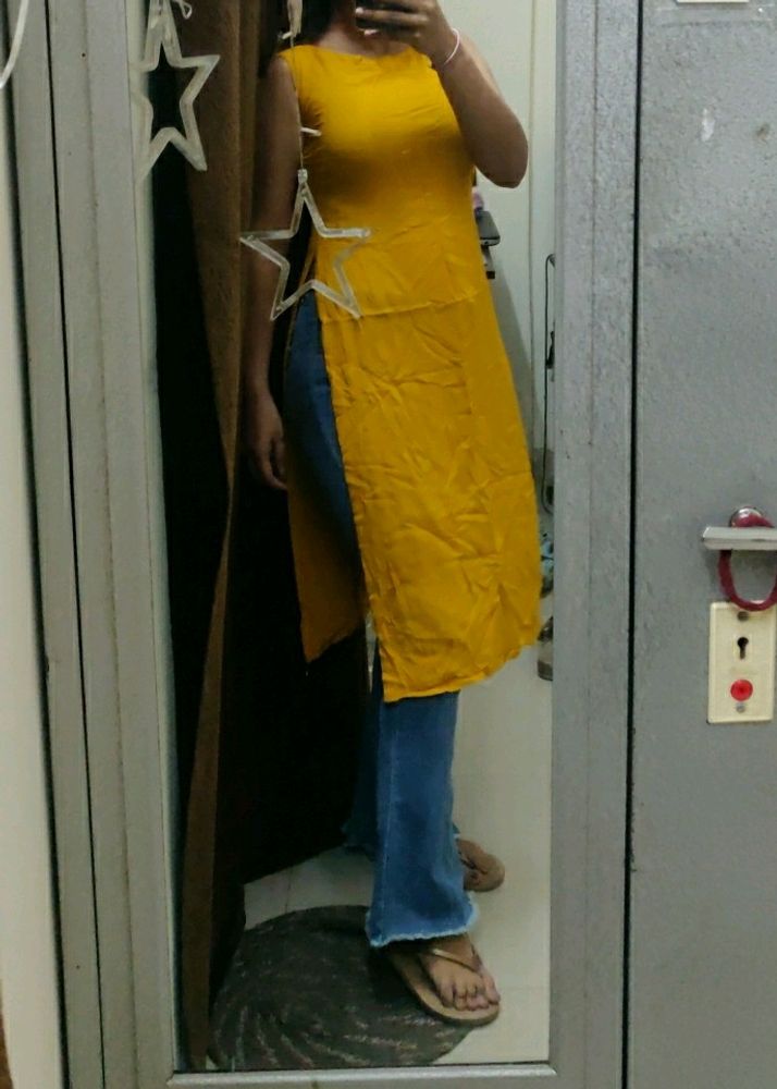 Mustard High Slit Sleeveless Kurti