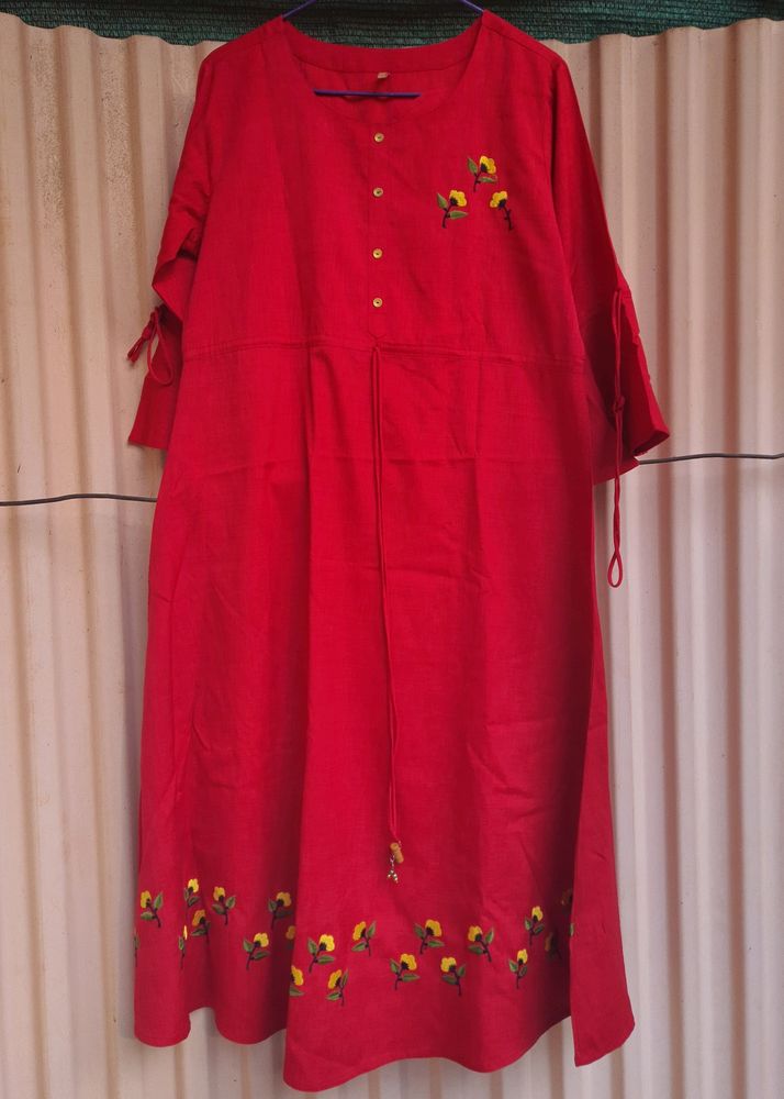 Red Daily Wear Kurta With Bell Sleeves