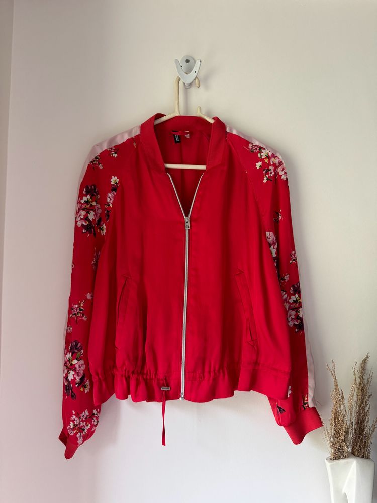 Red Bomber Jacket With Floral Sleeve Detailing