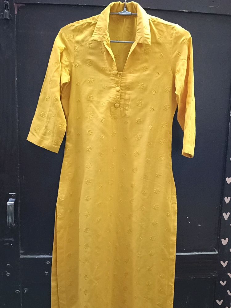 Embroidery Mustard Colour Cotton Long Kurti