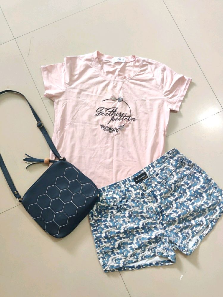 T Shirt Nd Short With Sling Bag