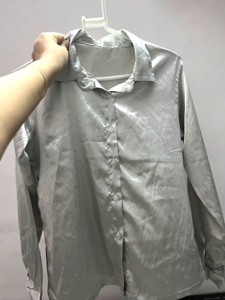 SILVER Button-down Satin Shirt