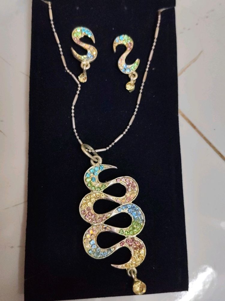 Silver Chain & Multi Colour Diamond Pendant Set