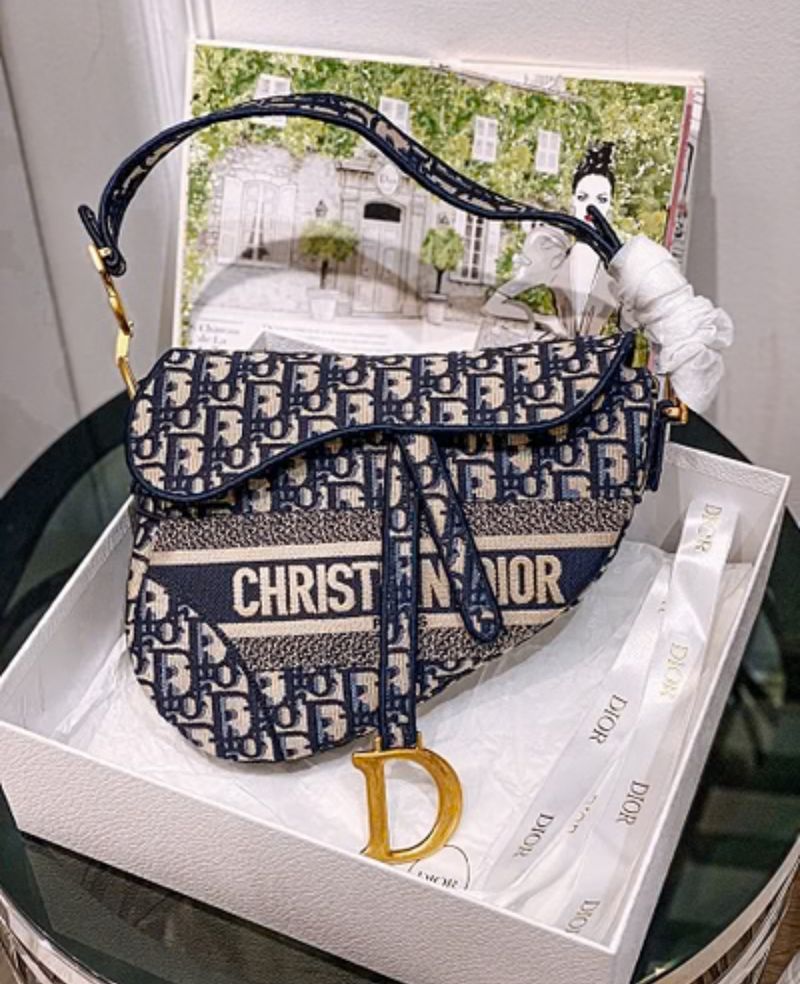 CHRISTIAN DIOR BLUE OBLIQUE EMBROIDERY SADDLE BAG