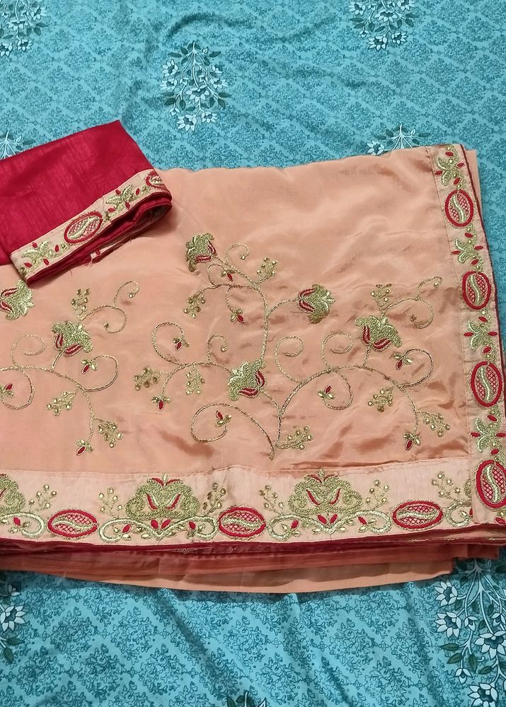 New Peach Partywear Saree With All over Work