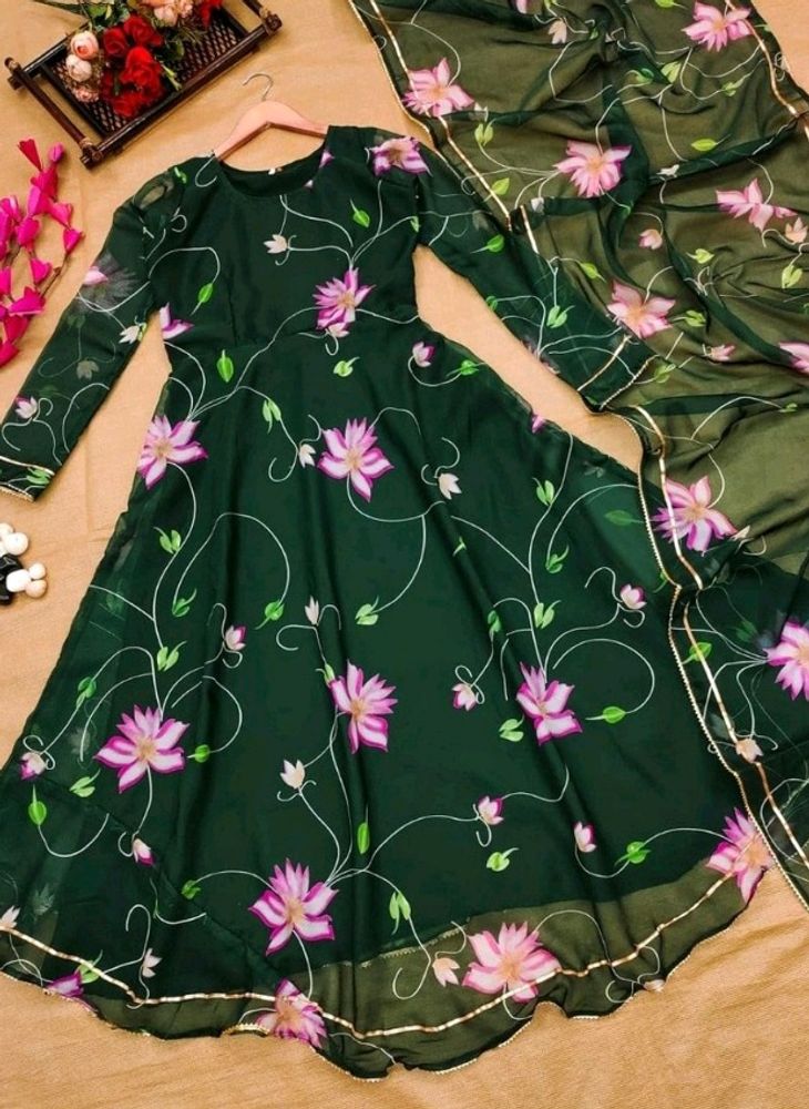 Dark Green Georgette Floral Suit Set