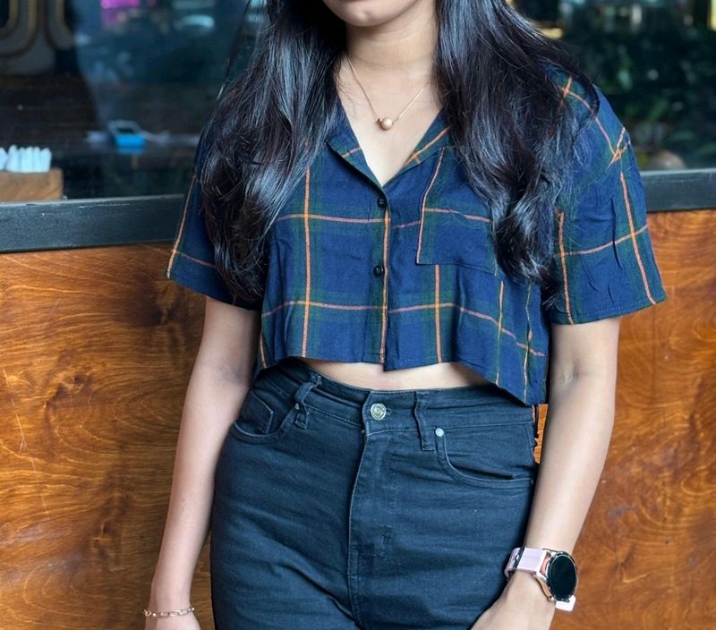 Navy Blue checked cropped Shirt