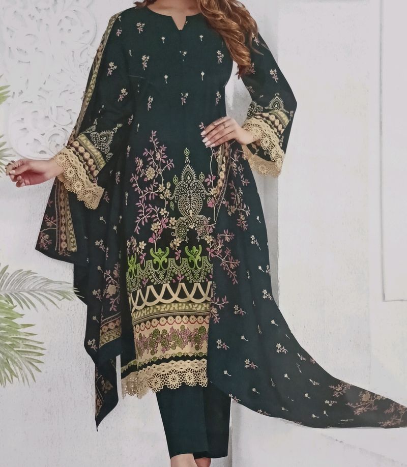 Bottle Green Print Cotton Pakistani Dress