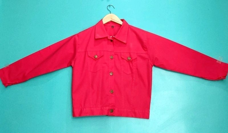 Women Solid Red Denim Jacket L Size