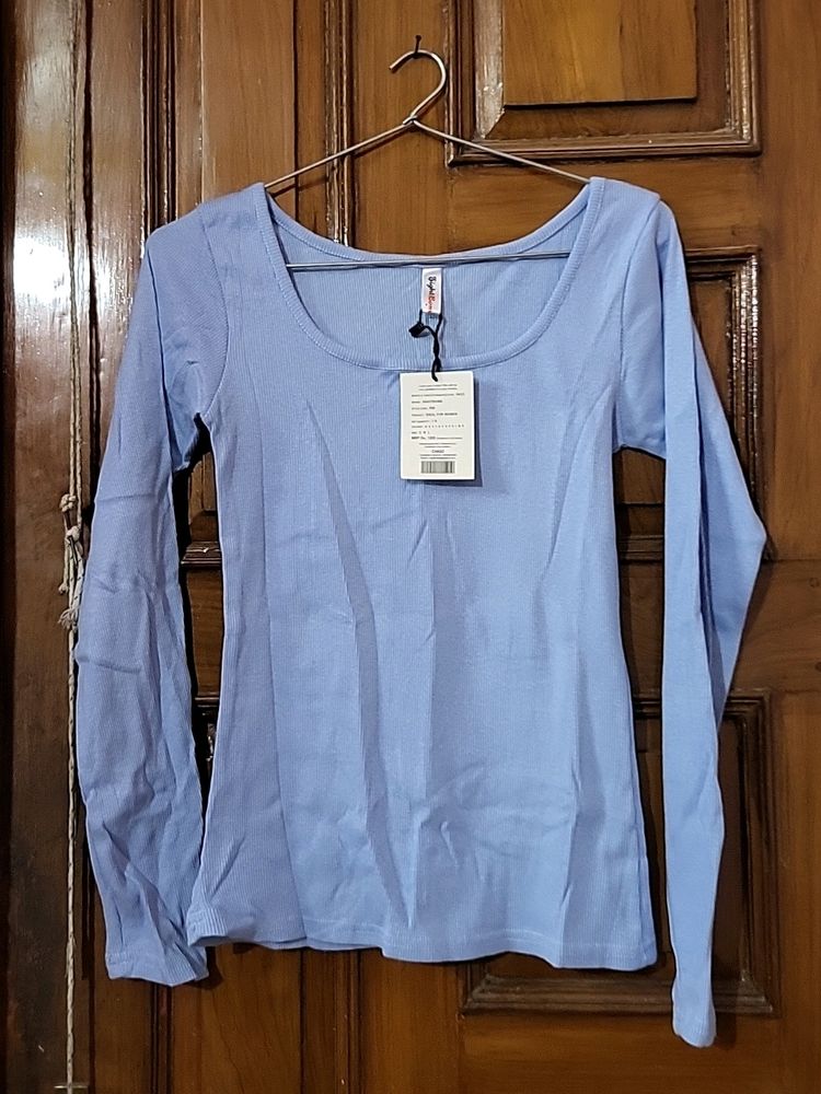 Light Blue Color Ribbed Thin Sweater For Women