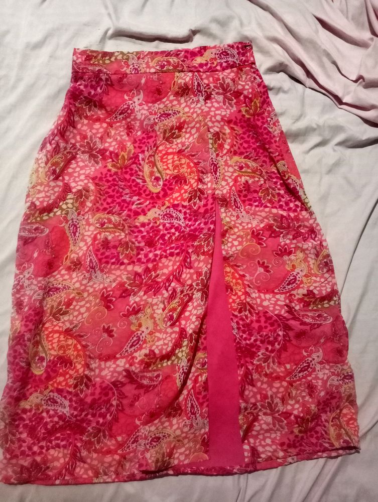 Sheero Pink Printed Front Slit Skirt