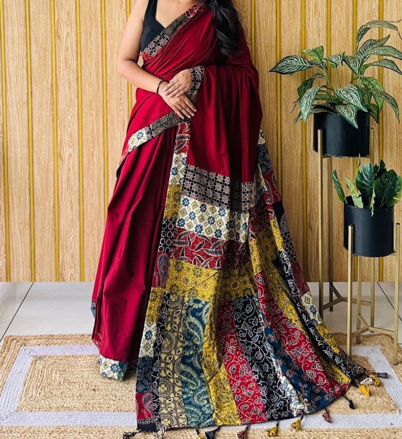 Pure Cotton With Ajrakh Hand Block printed Saree